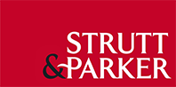 A white and black logo saying Strutt & Parker on a red background